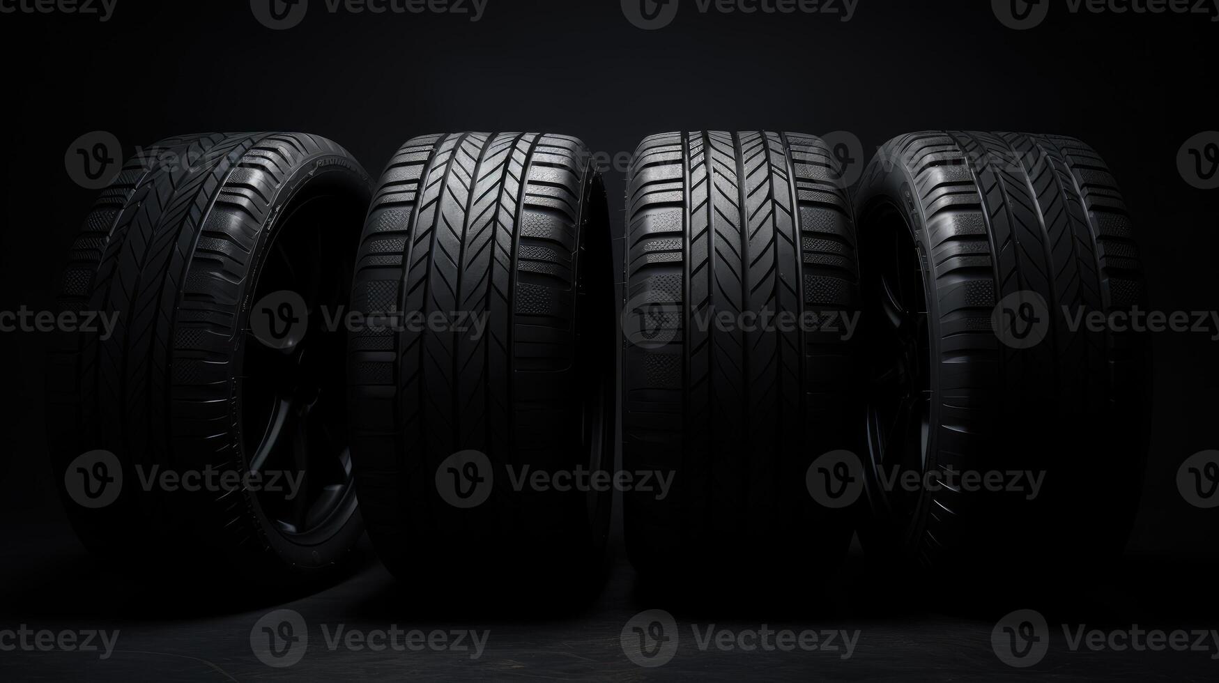 AI generated Sleek black tires stand out against a dark backdrop, enhancing their allure. Ai Generated photo