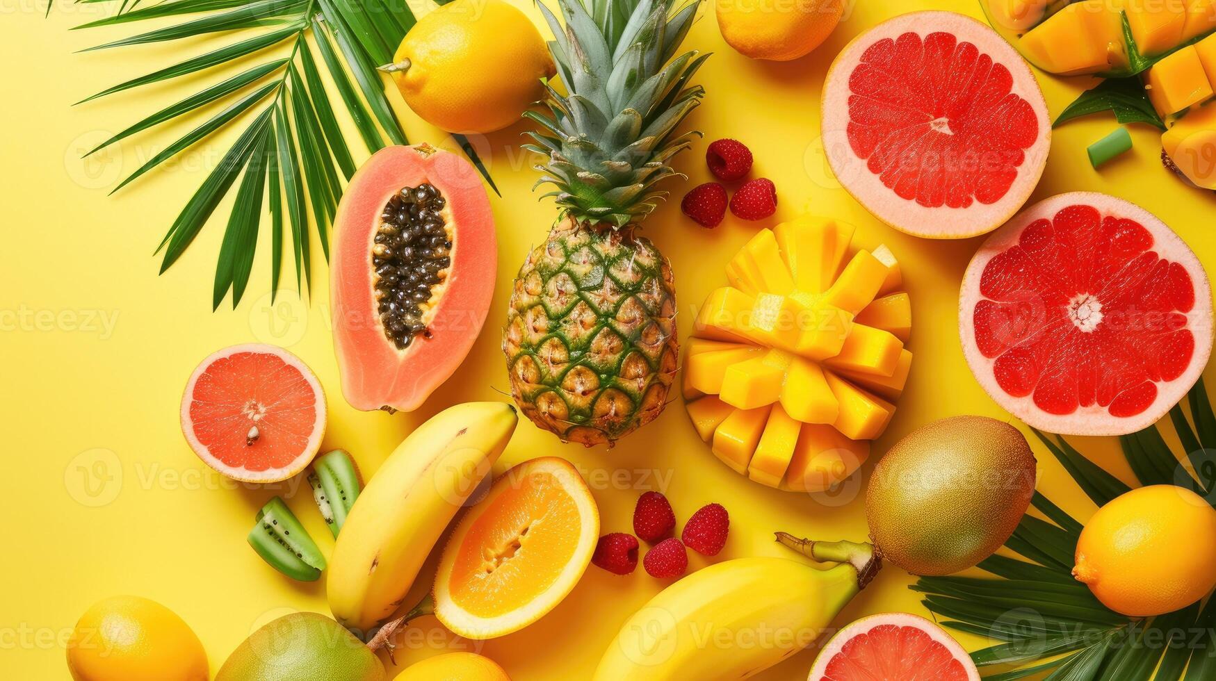 ai generado surtido de Fresco tropical frutas arreglado en un exótico amarillo fondo, radiante vibrante colores y sabores, ai generado. foto