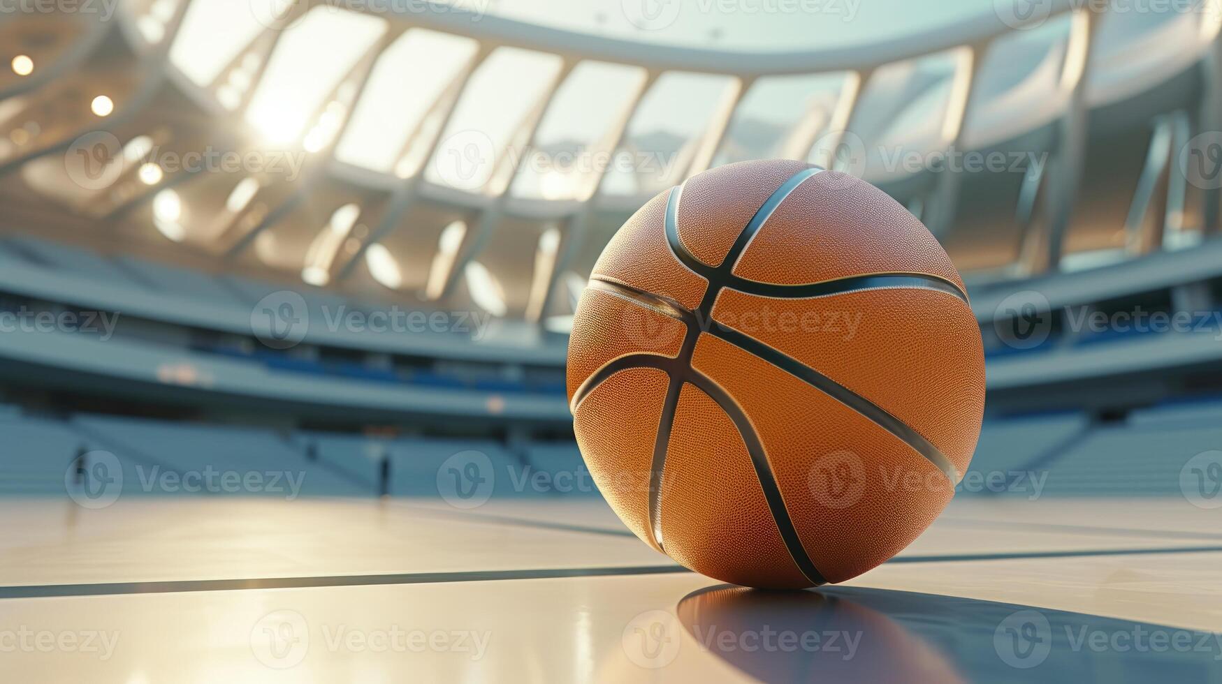 AI generated Basketball ball positioned before a modern arena a dynamic sports snapshot. Stadium anticipation, Ai Generated. photo