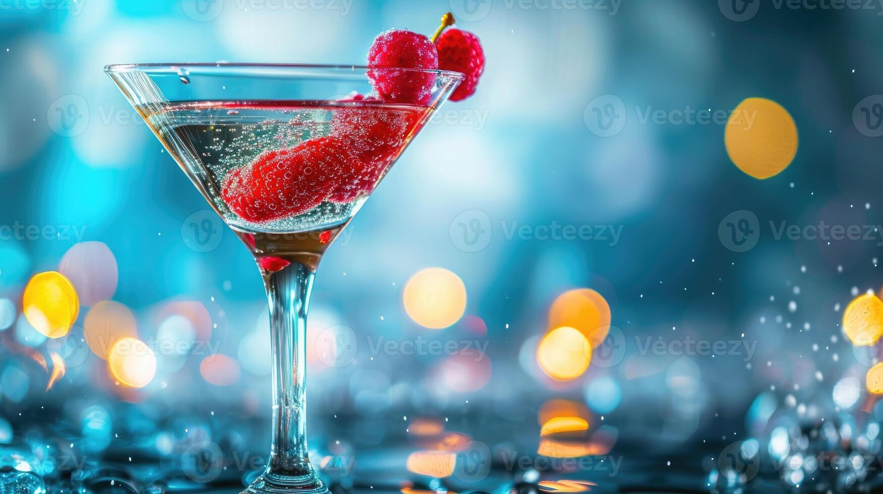 AI generated Martini glass, red fruit on rim, next to water, Ai Generated. photo