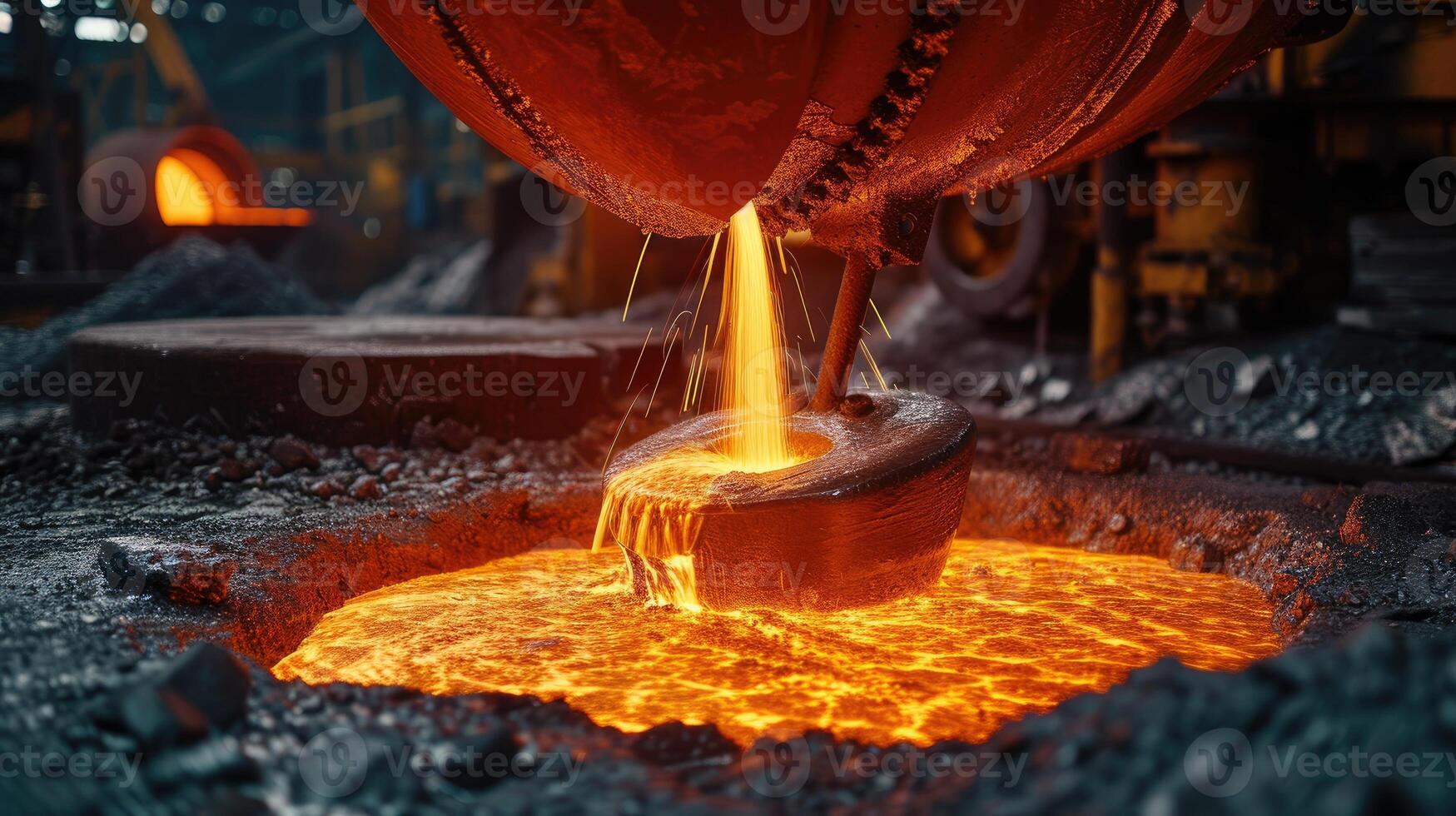 AI generated Molten steel flows from a metallurgical ladle, glowing and dynamic in its industrial journey. Ai Generated. photo