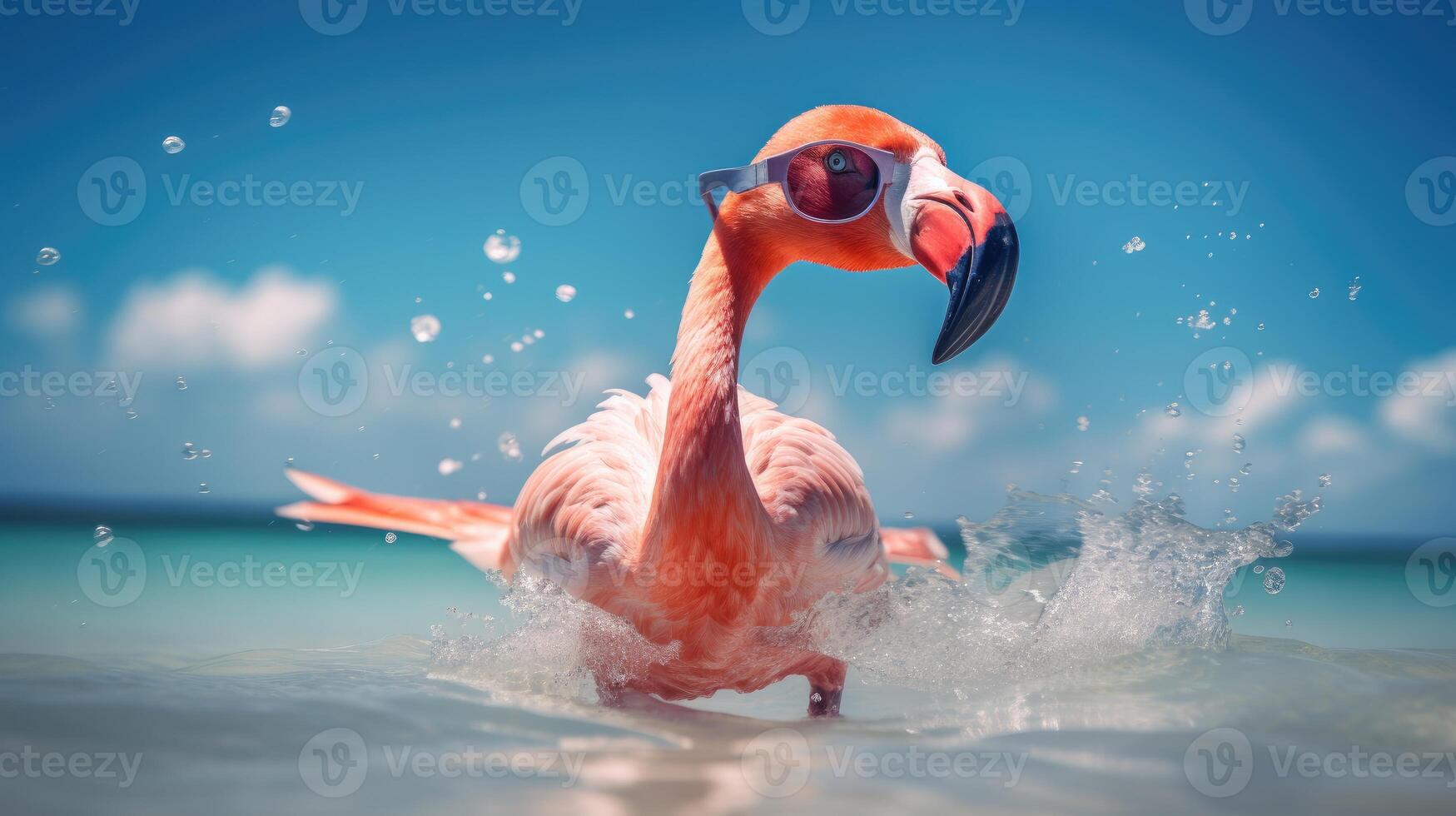 AI generated Experience the intensity of an flamingo leaping onto the beach in a stunning close-up photo, Ai Generated. photo