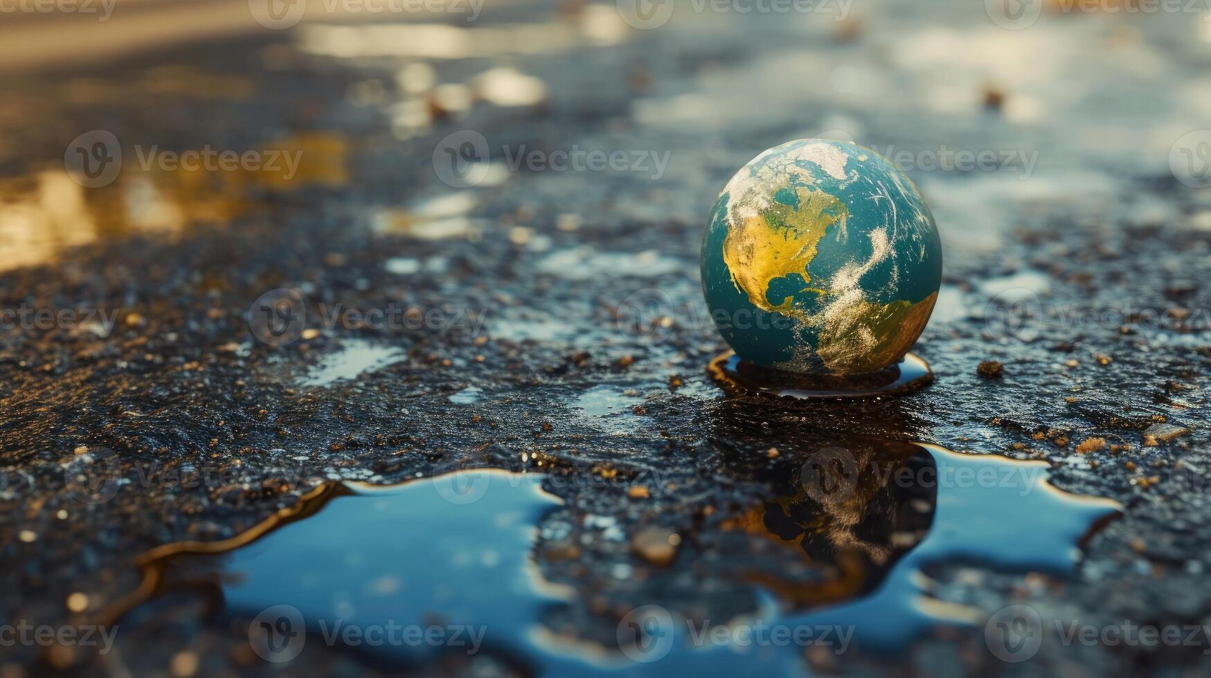 ai generado testigo el alarmante contraste como un tierra globo flotadores en un gasolina charco, encendido dentro llamas ai generado foto