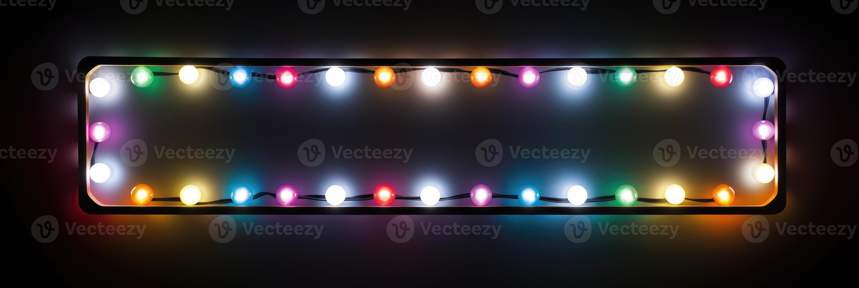 AI generated Vibrant frame of multicolored LED bulbs against a sleek black backdrop, illuminating creativity. Ai Generated. photo