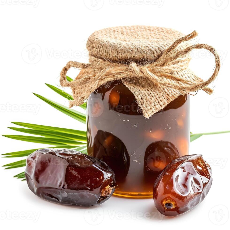 AI generated Rich date palm jam marmalade jelly preserves in a glass jar, accompanied by fresh date palms, presented on a clean white backdrop, Ai Generated. photo