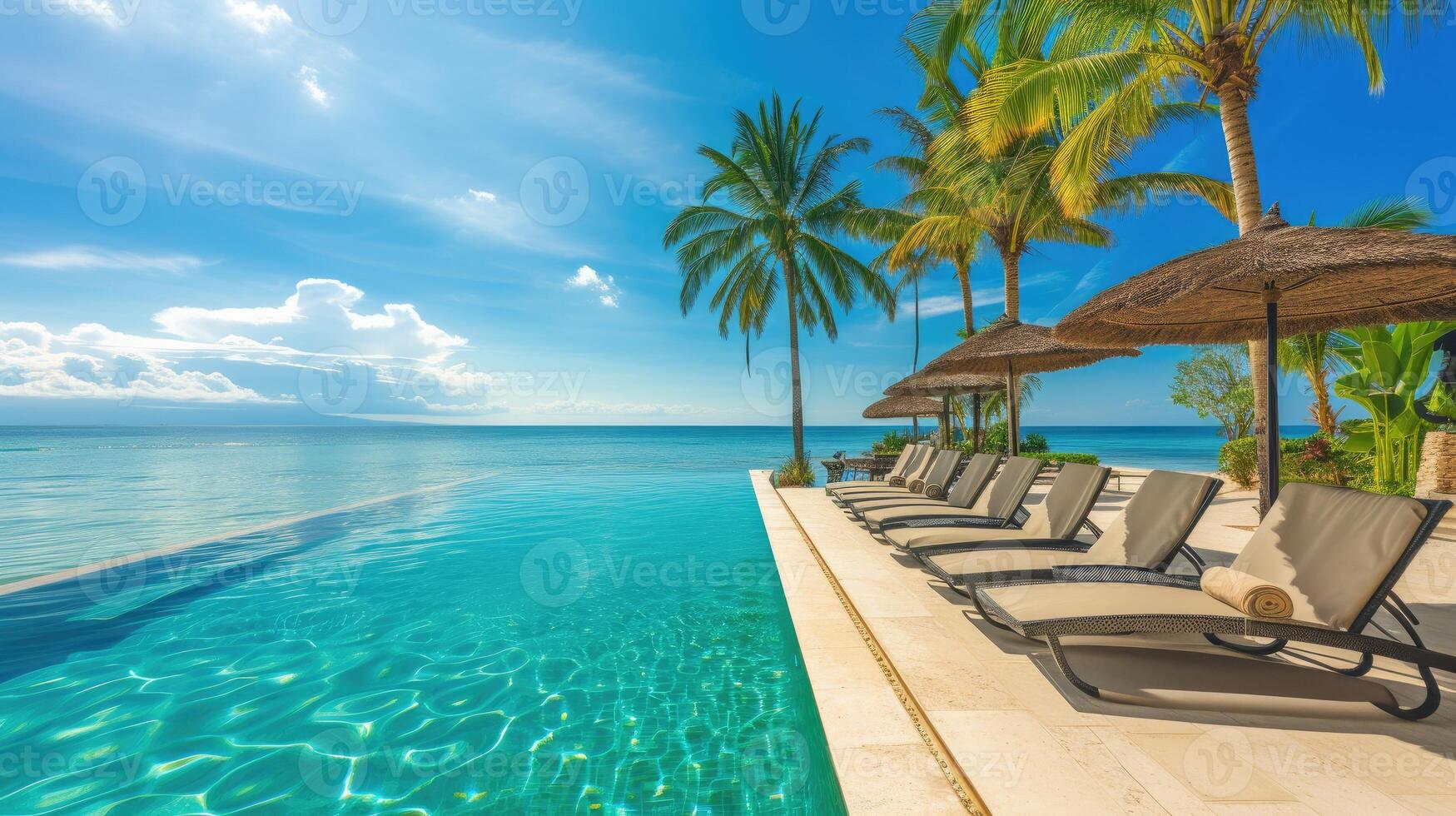 AI generated A luxurious resort pool, adorned with beach chairs, epitomizing seaside opulence. Ai Generated. photo