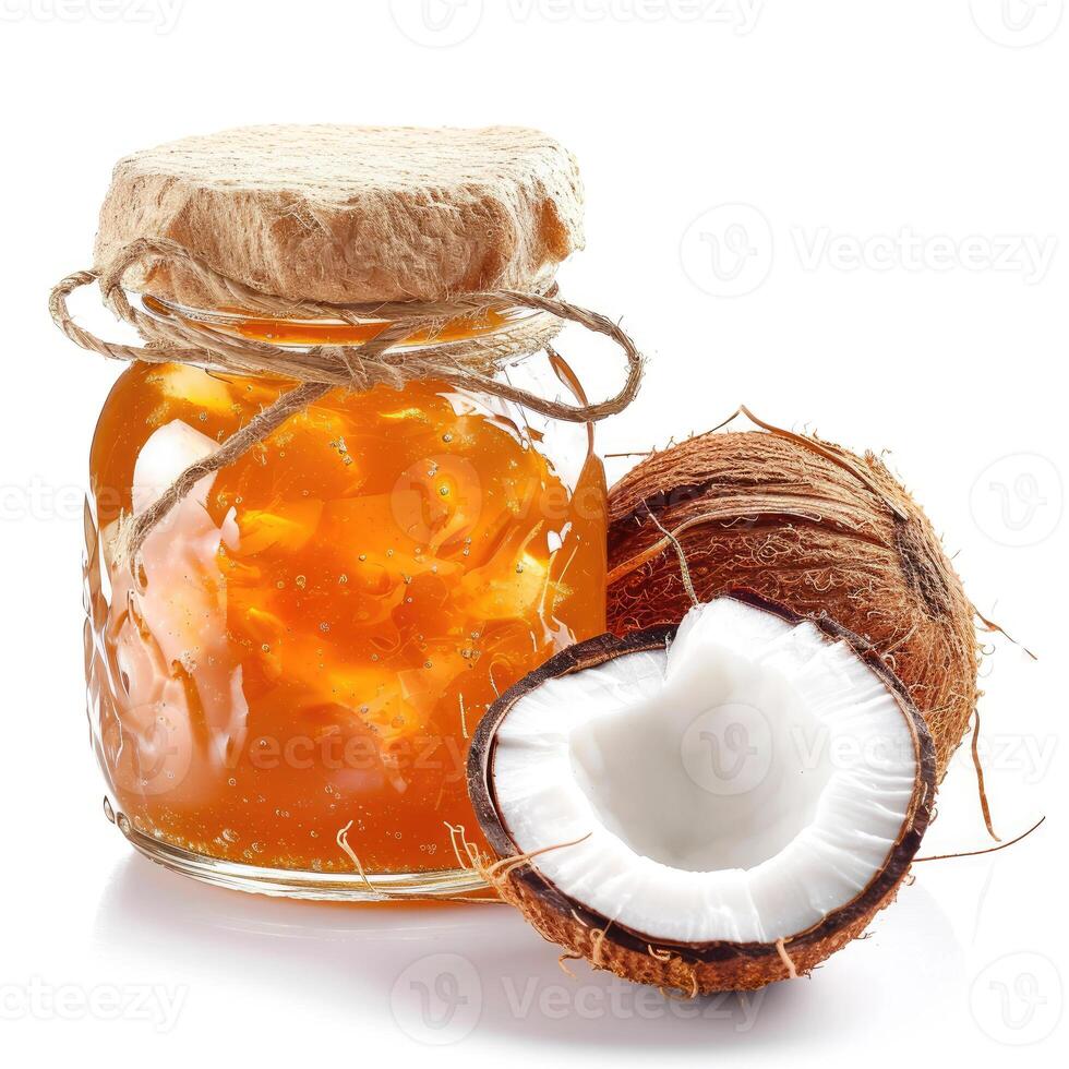 AI generated Luscious coconut jam marmalade jelly preserves in a glass jar, accompanied by fresh coconut, showcased on a clean white backdrop, Ai Generated. photo
