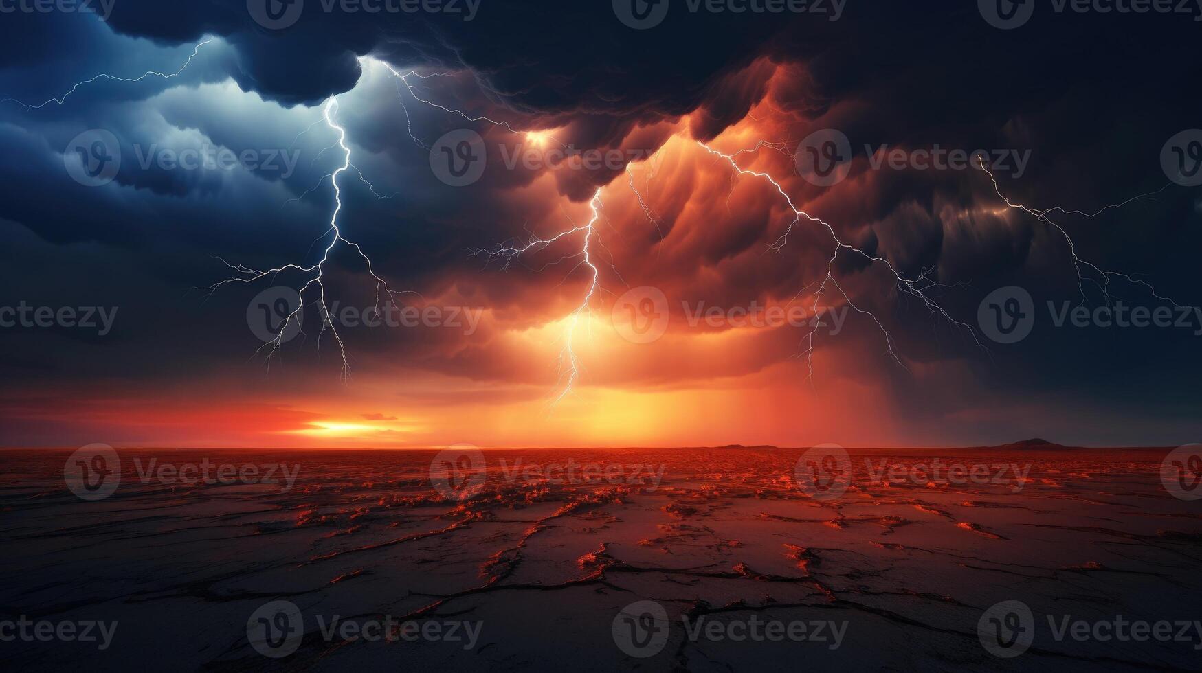 AI generated A dramatic view captures a thunderstorm with fierce lightning bolts piercing through the dark, Ai Generated. photo