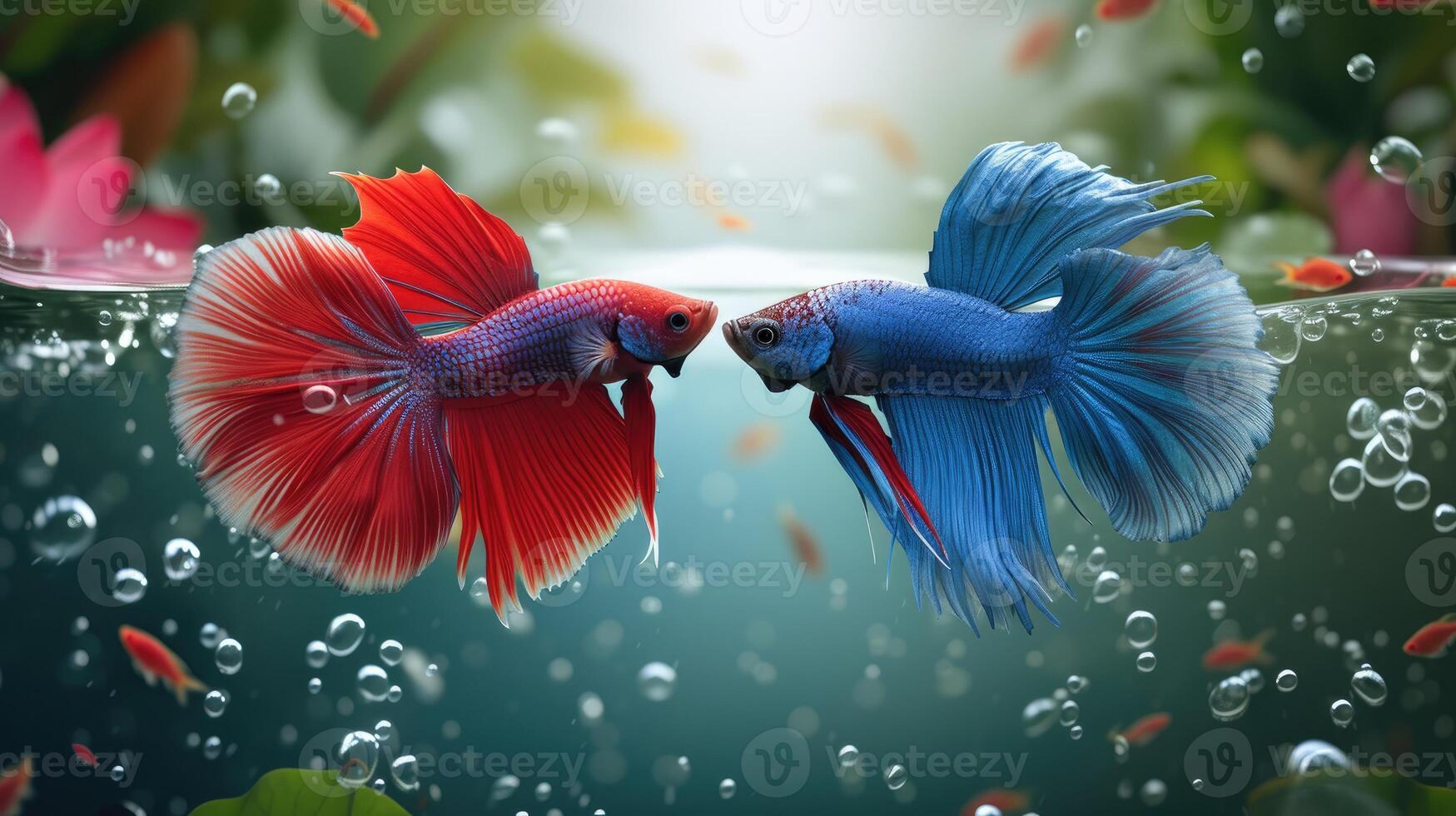 AI generated 3D-rendered red and blue fighting fish swimming gracefully in an aquatic environment, Ai Generated. photo