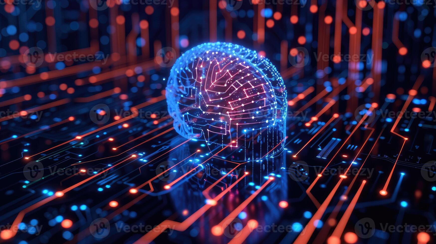 AI generated A neural circuit intertwines with an electronic cyber brain in a quantum computing system. Futuristic, Ai Generated. photo