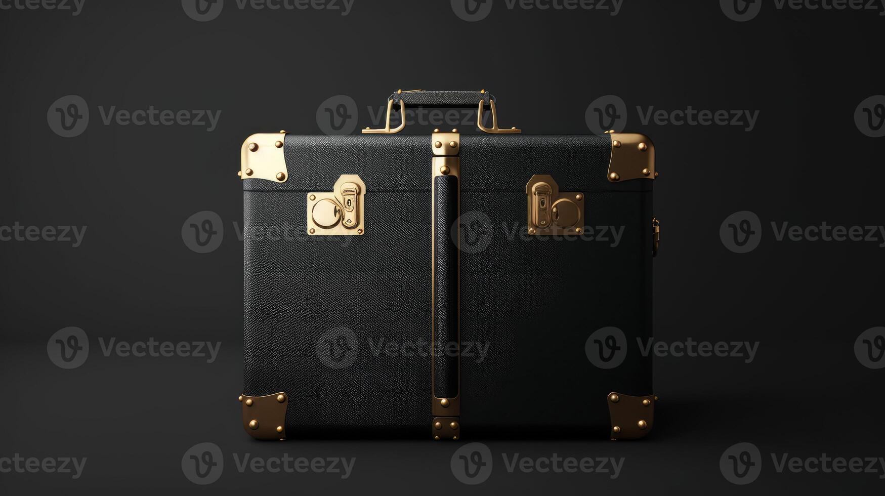 AI generated Elegant black suitcase with gold handles set against a sleek black backdrop. Ai Generated. photo