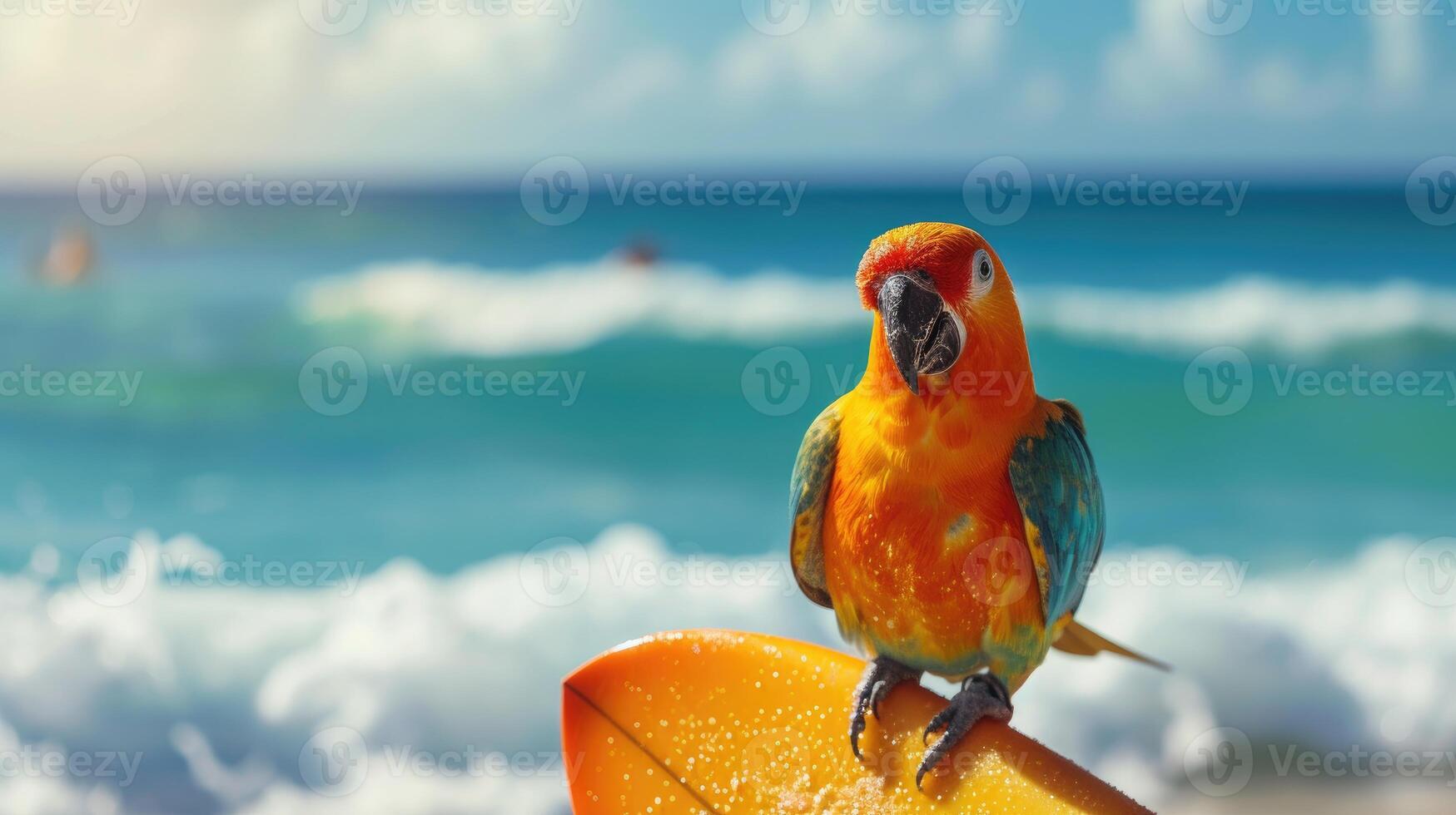 AI generated A cute parrot surfer enjoys a fun-filled summer day at the beach, riding waves with enthusiasm, Ai Generated. photo
