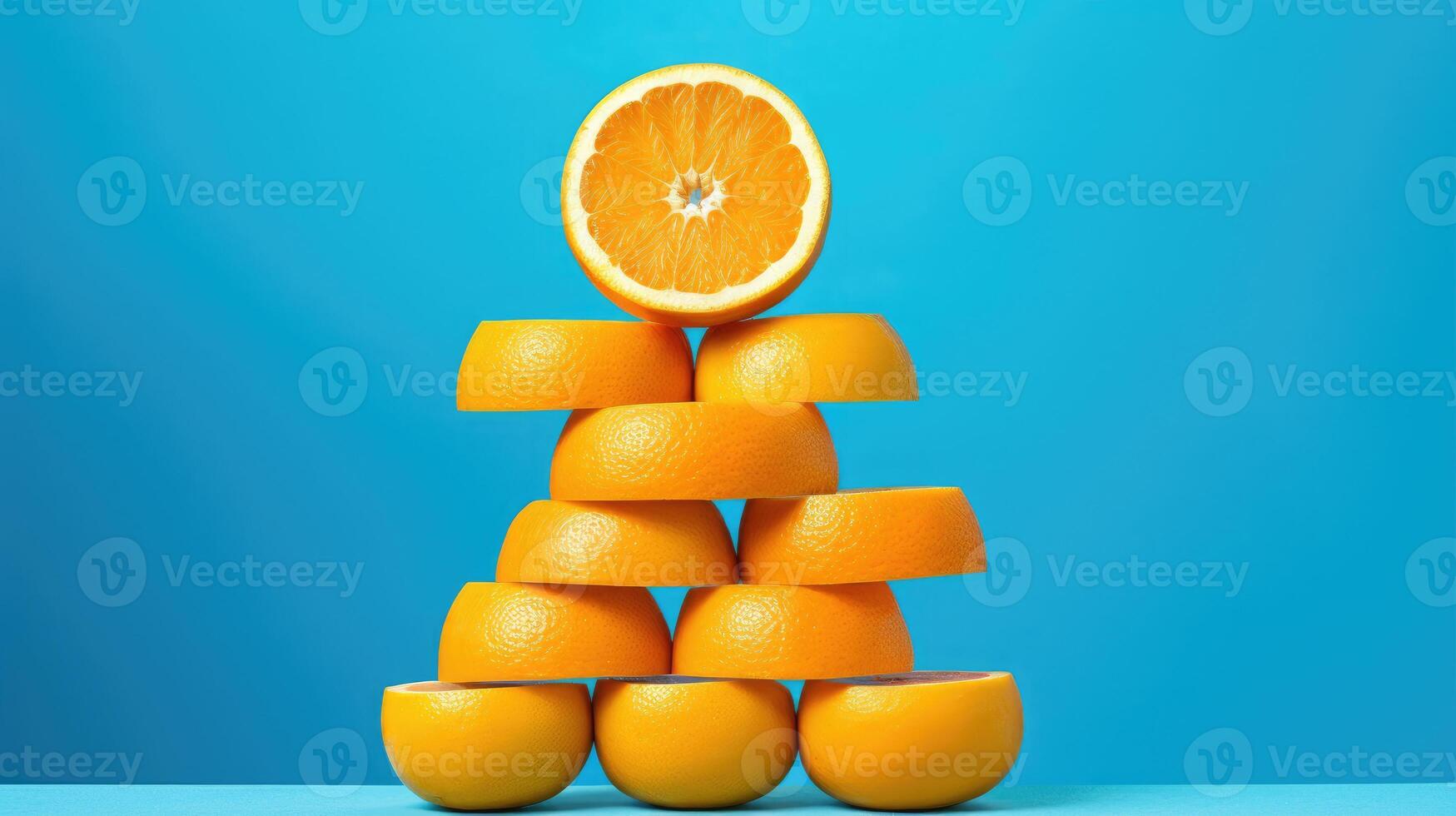 AI generated fresh orange slices on vibrant blue. A burst of citrus, Ai Generated. photo