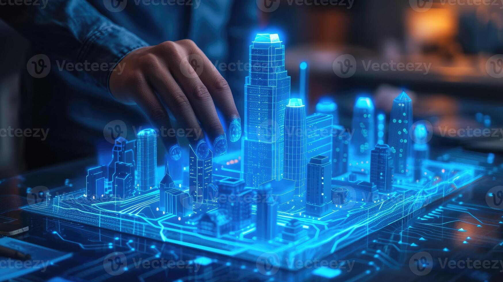 AI generated Businessman with futuristic blue holographic modern building, Ai Generated. photo