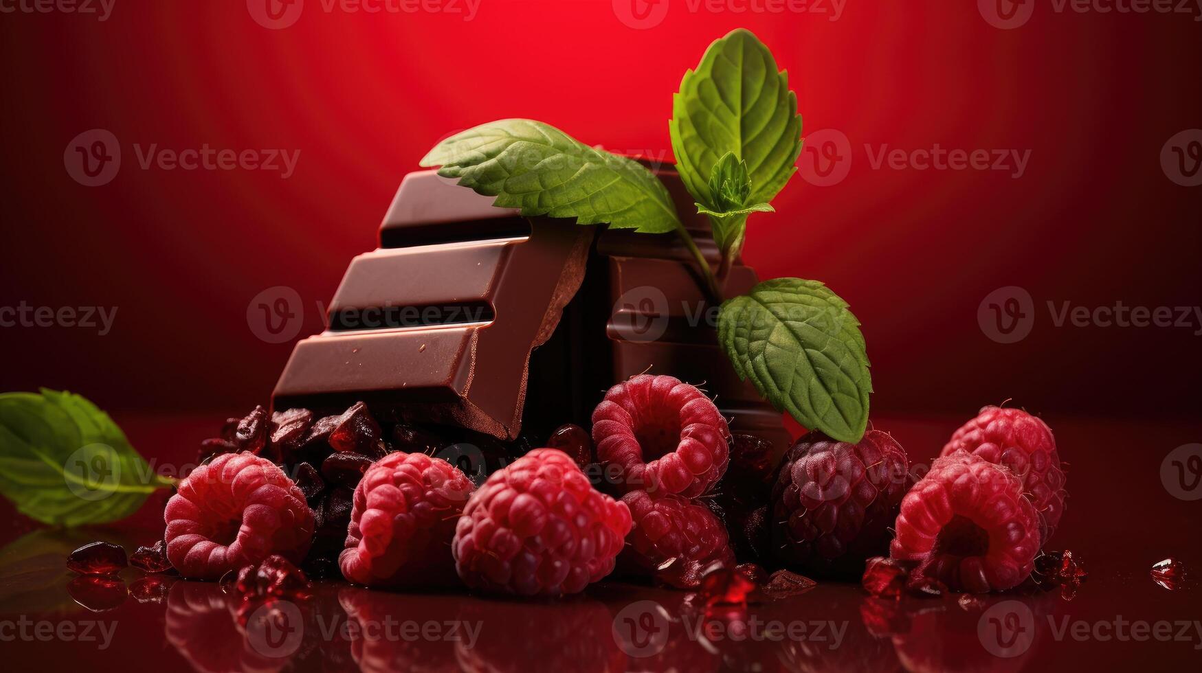 AI generated Dynamic chocolate splash, raspberries, mint on a rich red backdrop. Tempting indulgence, Ai Generated. photo