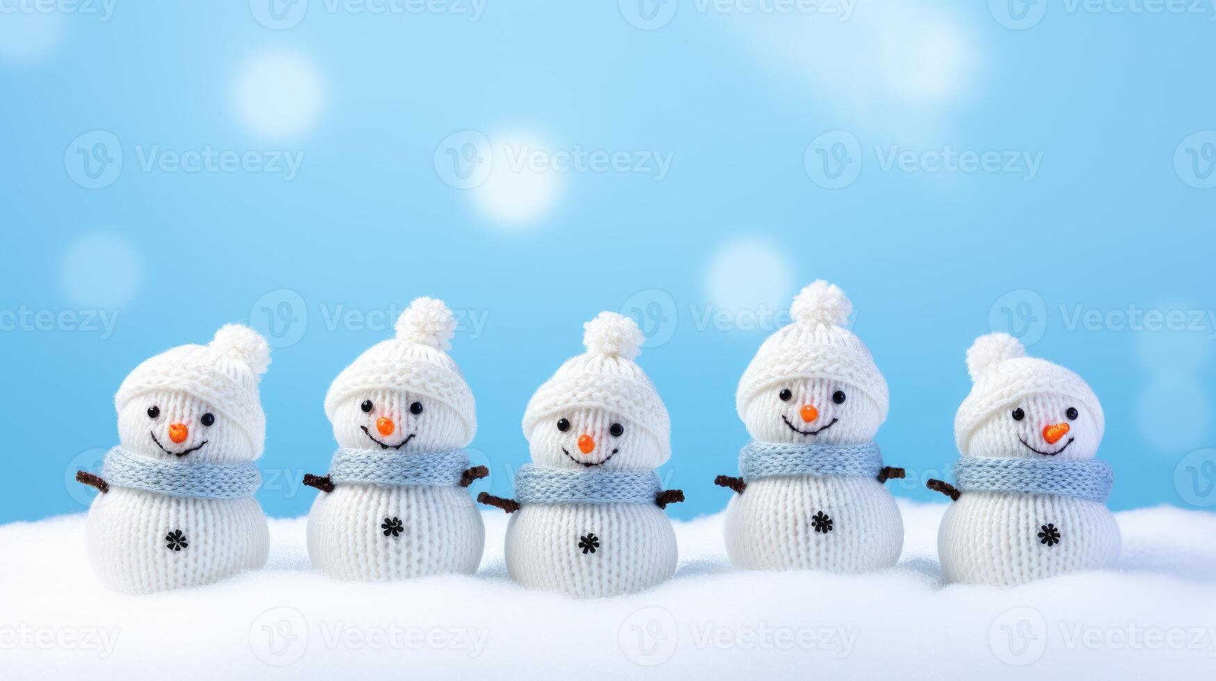 ai generado encantador de punto muñecos de nieve anidado en suave nieve en contra un sereno azul fondo, evocando invierno preguntarse. ai generado. foto