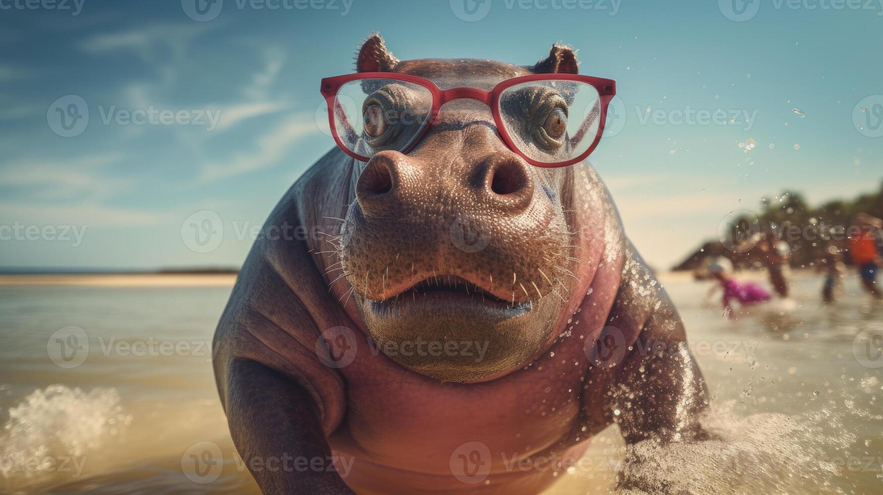 AI generated Experience the intensity of an hippopotamus leaping onto the beach in a stunning close-up photo, Ai Generated. photo