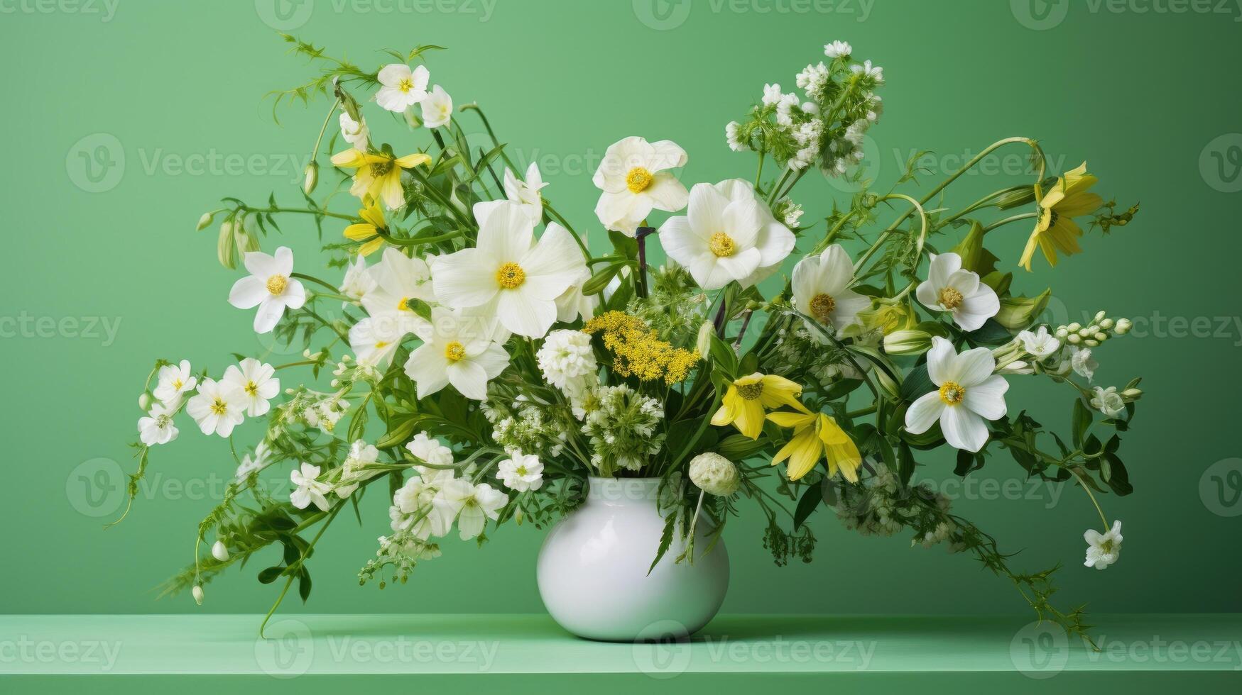 AI generated White blooms and spring flowers create a vibrant display against a backdrop of vivid green. Ai Generated. photo
