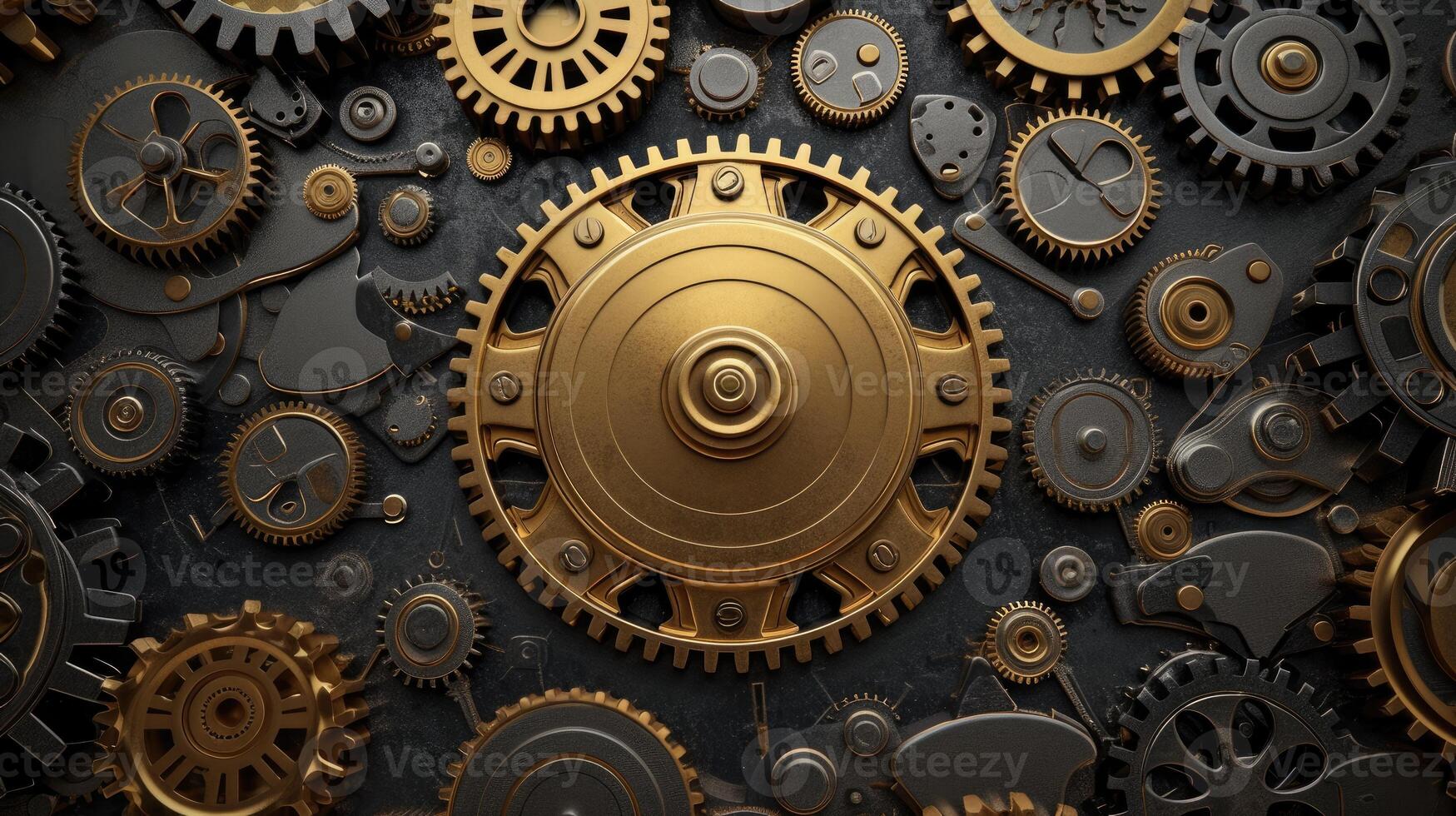 AI generated A golden cogwheel stands out amidst a ring of metallic cogwheels. Industrial, Ai Generated. photo