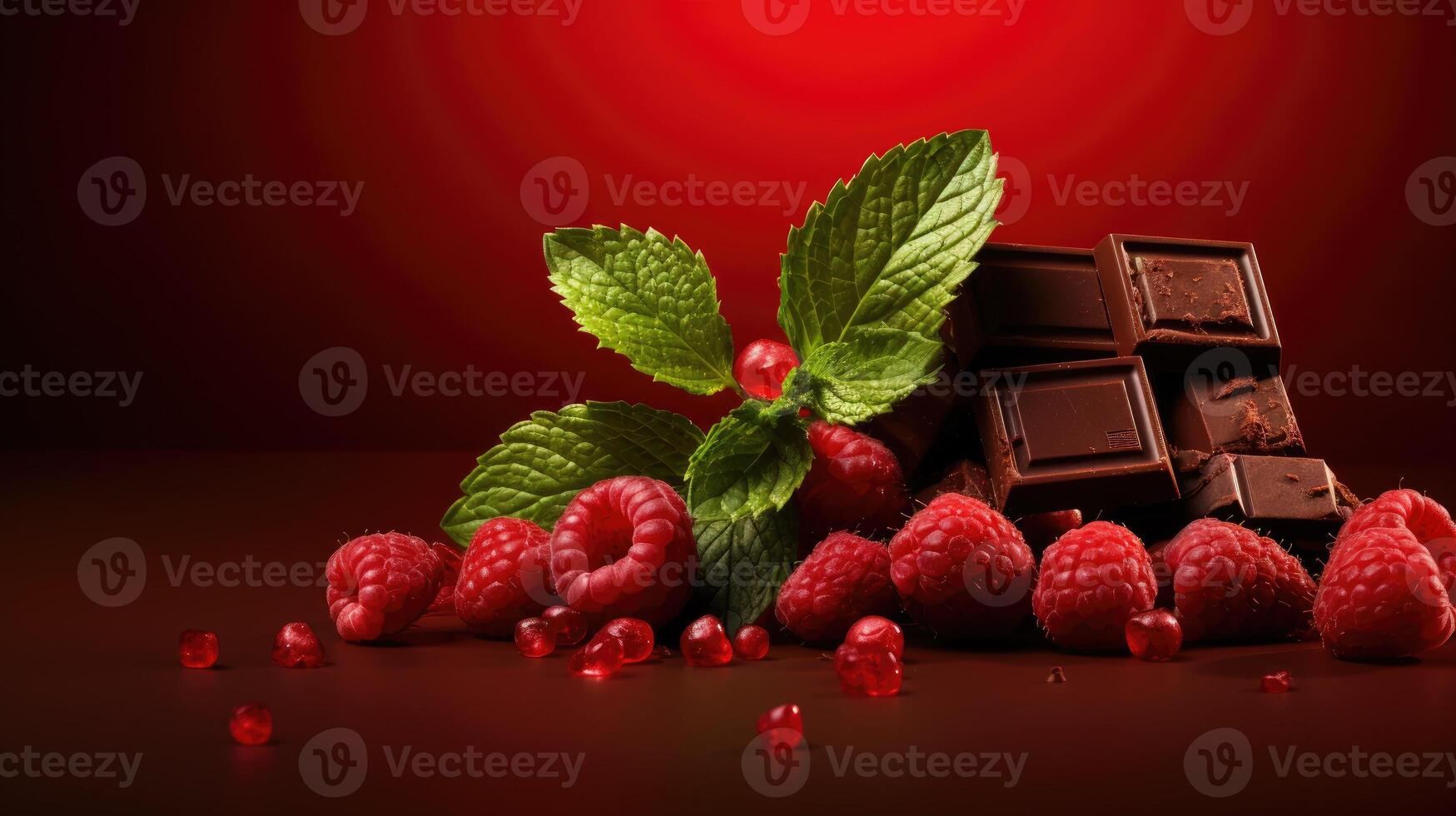 AI generated Dynamic chocolate splash, raspberries, mint on a rich red backdrop. Tempting indulgence, Ai Generated. photo