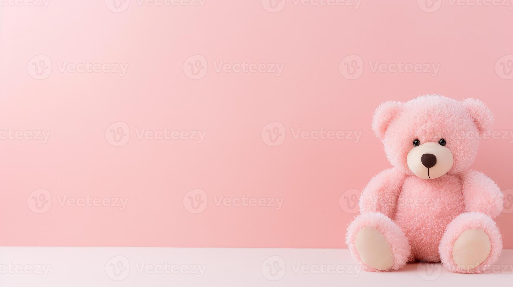 AI generated Adorable bear peluche on a pale pink background with copy space. Ai Generated photo