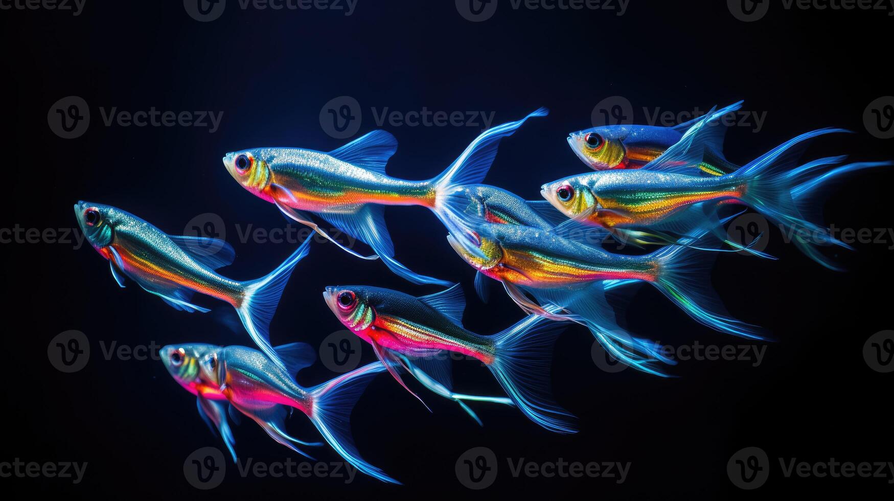 AI generated Witness a dynamic school of neon tetra fish in synchronized swim, Ai Generated. photo