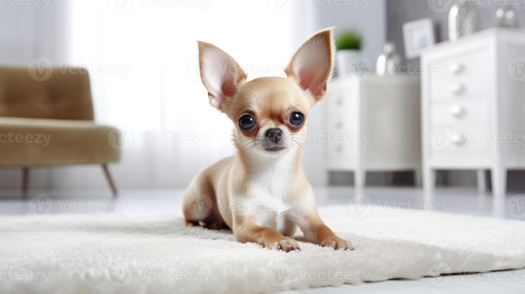 AI generated Cute Chihuahua rests on a white carpet, infusing the living room with petite canine charm, Ai Generated. photo