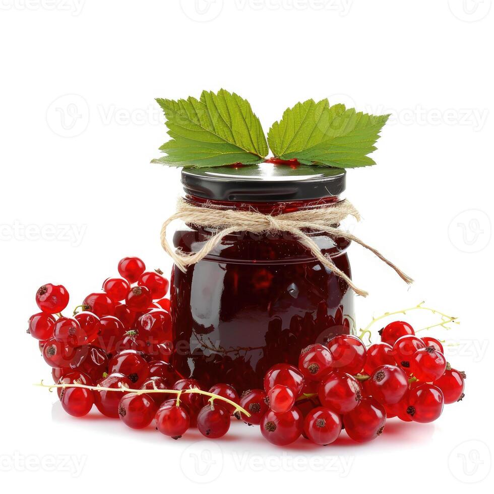 AI generated A jar of homemade redcurrant jam with fresh redcurrants, isolated on a white background. Ai Generated photo