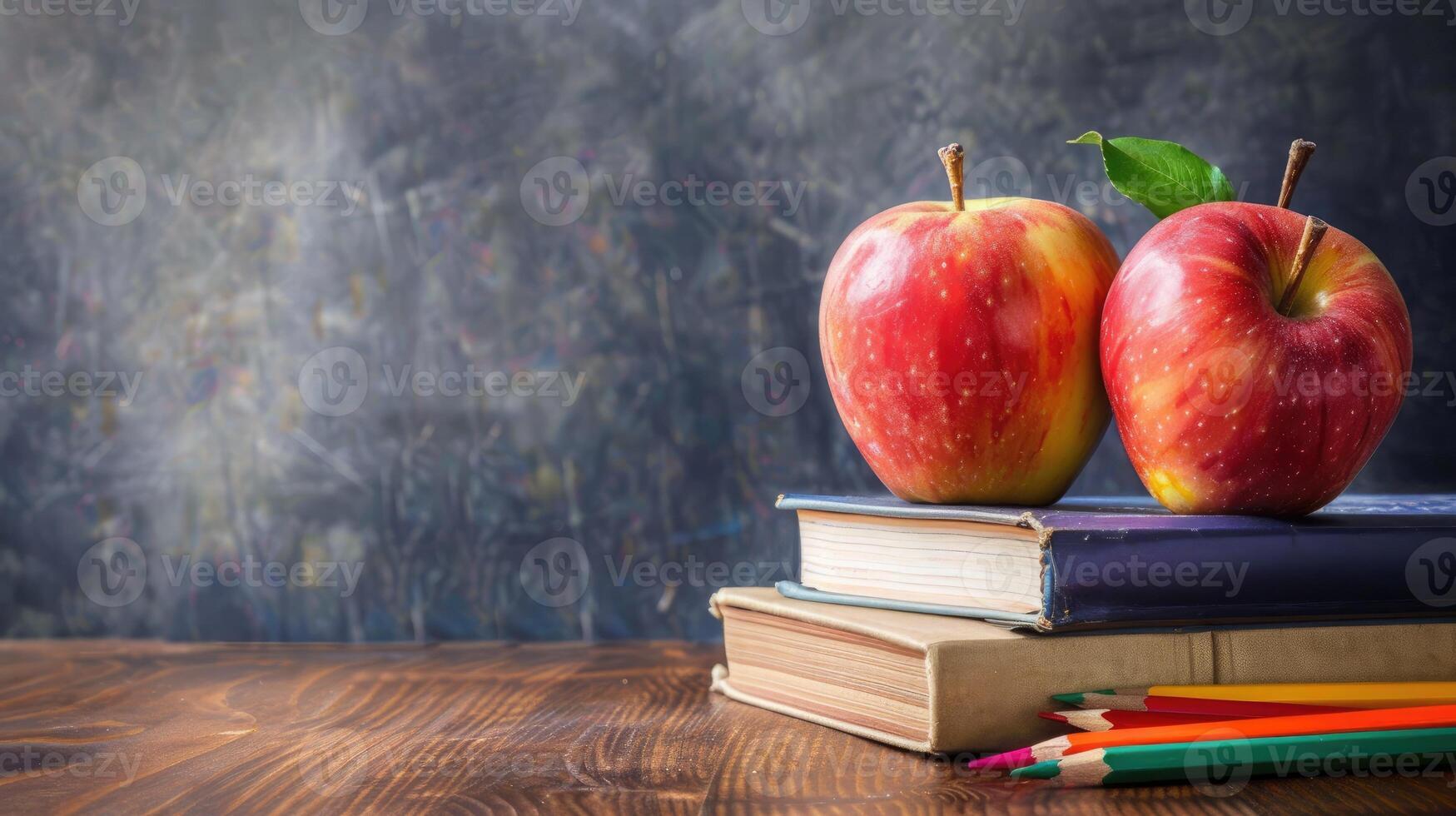 AI generated Crisp apple atop books, pencils, and blank chalkboard, a symbolic start to learning, Ai Generated. photo