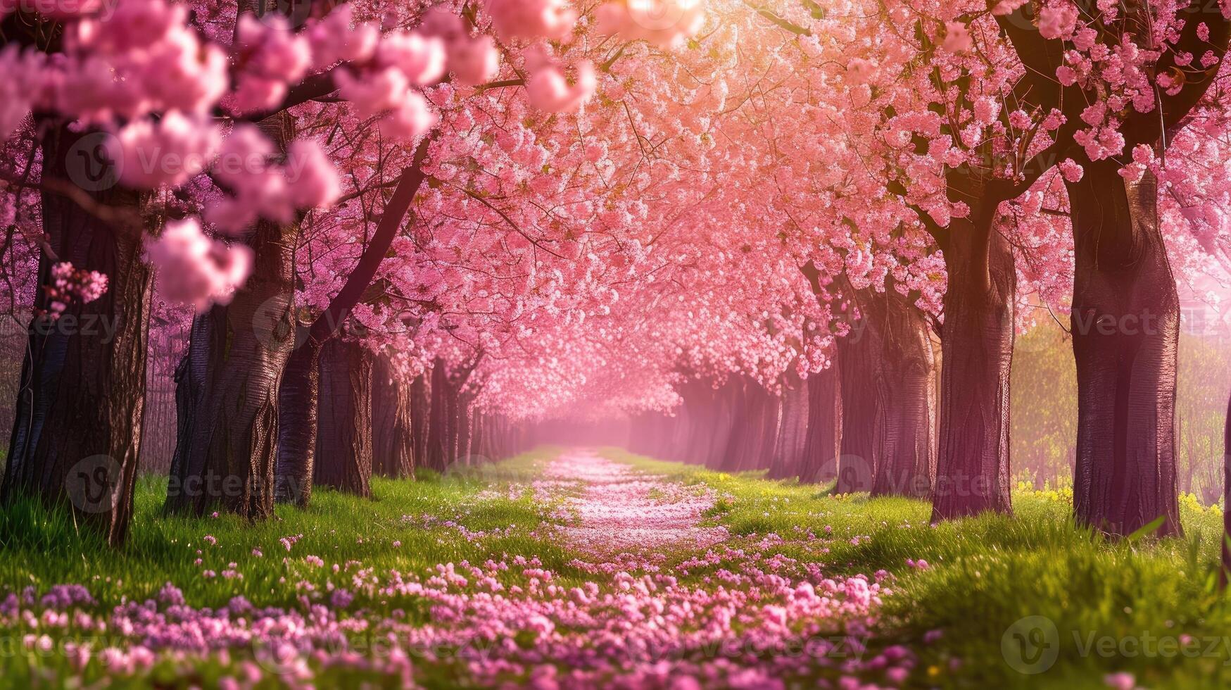 AI generated A picturesque alley adorned with cherry blossoms, capturing the enchanting beauty of spring. Ai Generated. photo