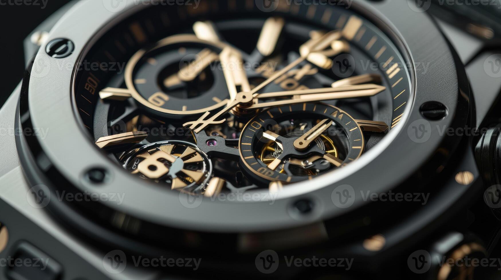 AI generated Close up of watch featuring sleek black and gold hands, epitomizing timeless elegance. Ai Generated. photo