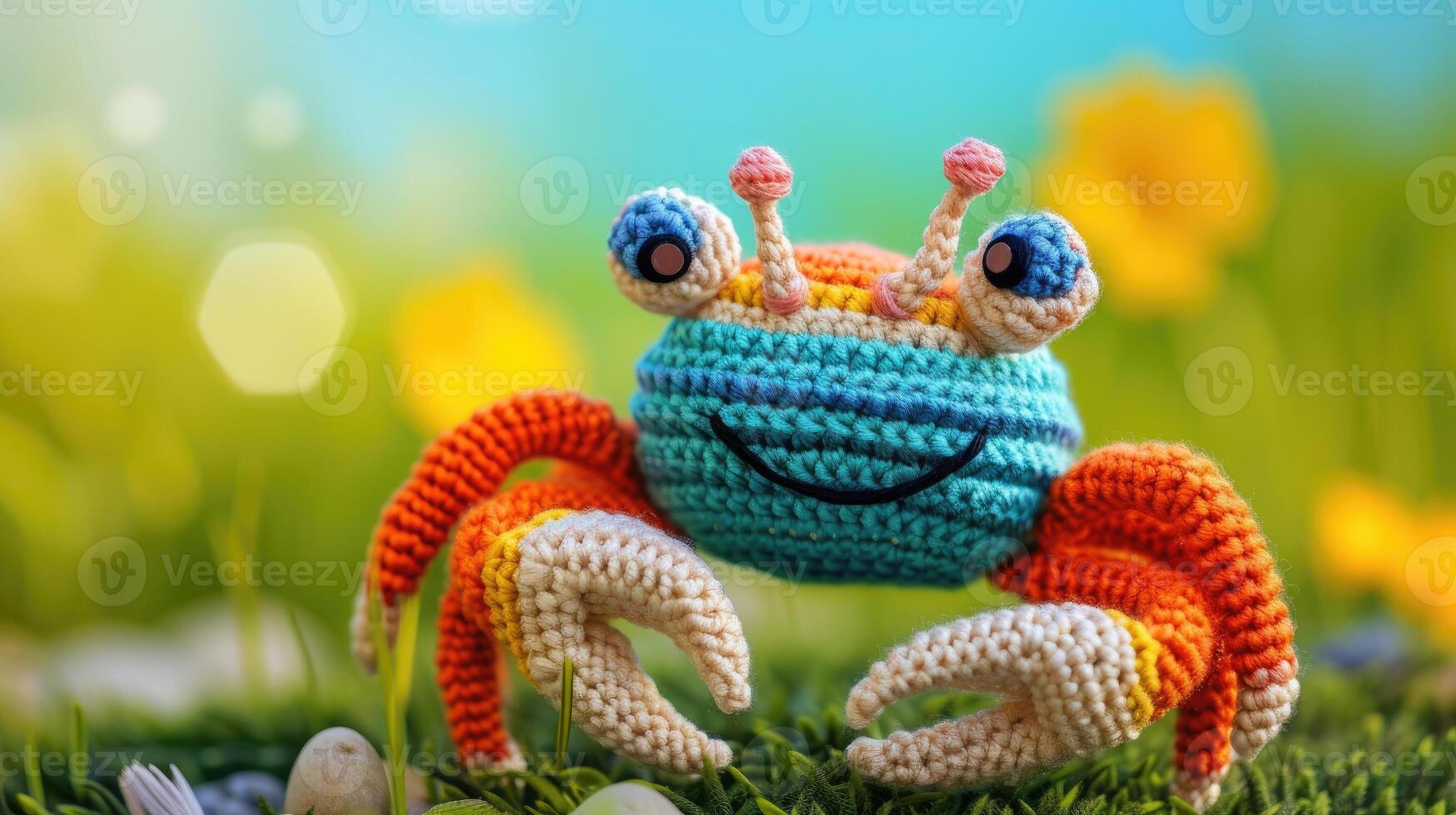 AI generated Crocheted crab toy vibrant backdrop, handcrafted and adorable, Ai Generated photo