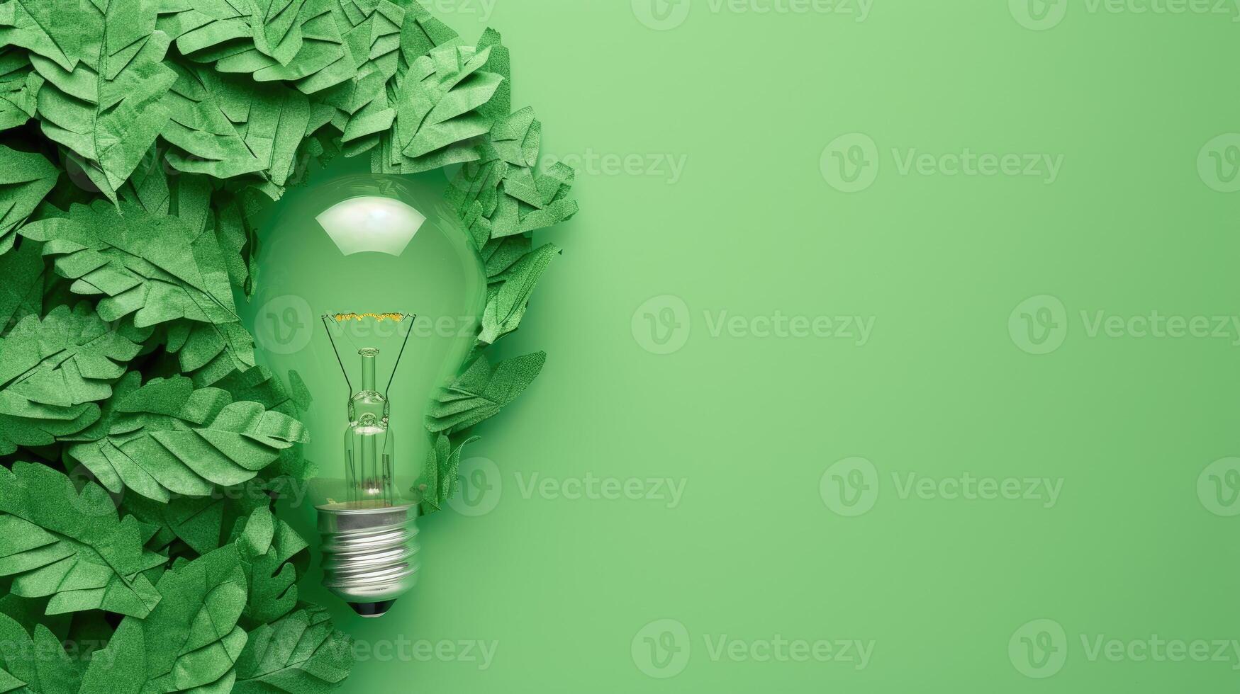 AI generated Innovative eco-friendly lightbulb crafted from vibrant green paper leaves, symbolizing sustainability, Ai Generated. photo