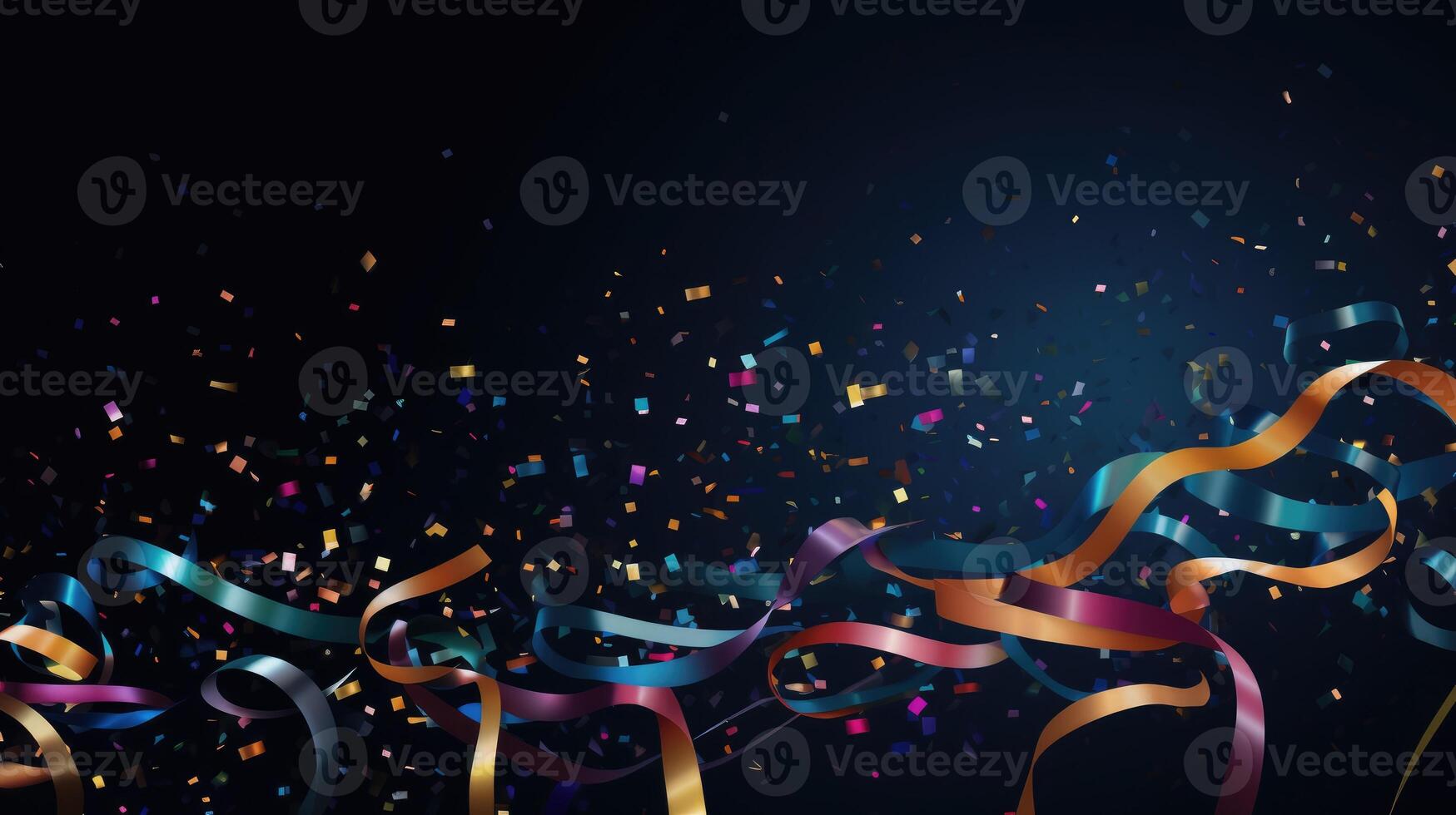 AI generated Abstract background adorned with confetti on colorful ribbons, set against a dark backdrop. Ai Generated. photo