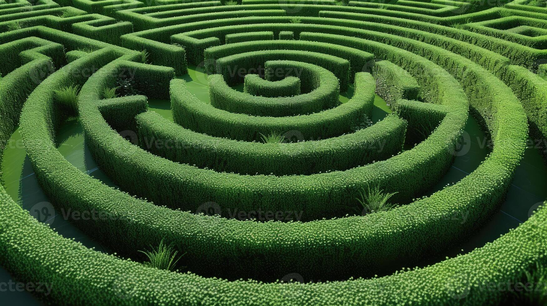 AI generated Traverse through a vibrant green maze leading to a circular center, Ai Generated. photo