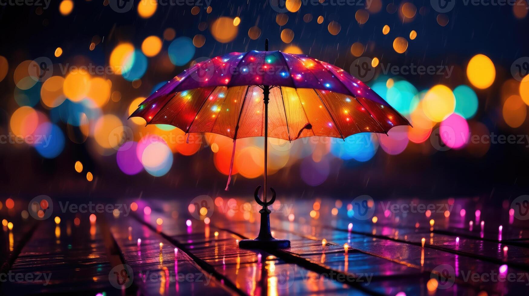 AI generated Vibrant umbrella amidst festive bokeh lights creates mesmerizing display. Ai Generated photo