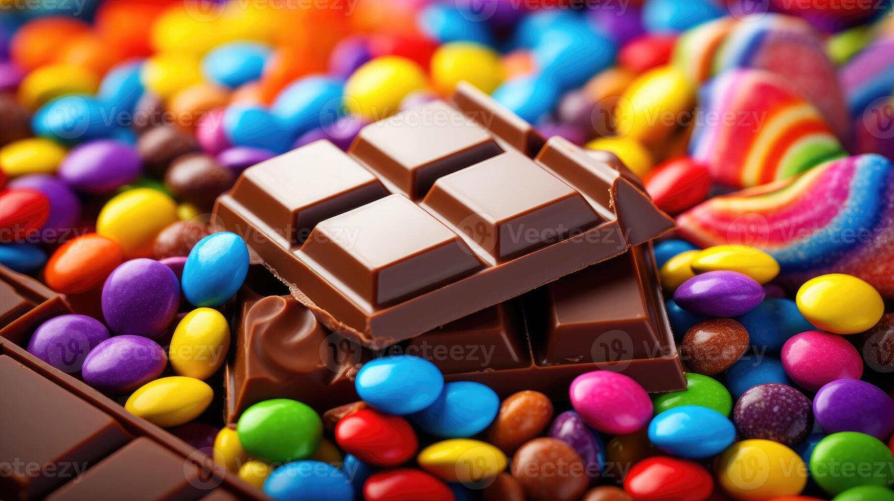 ai generado un delicioso chocolate bar rodeado por multicolor recubierto de caramelo chocolates en un vibrante fondo. ai generado foto