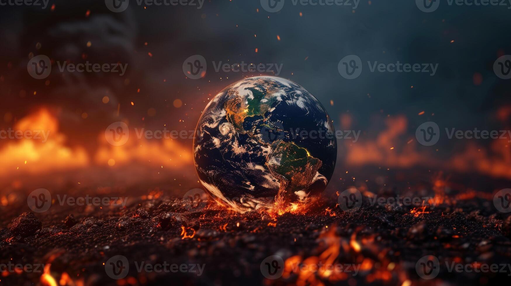 AI generated Witness the Earth globe destroyed by fire, burning on glowing embers. Ai Generated photo