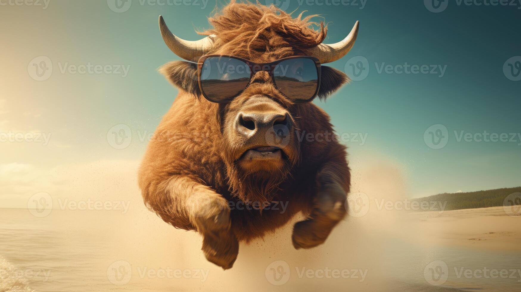 AI generated Experience the intensity of an bison leaping onto the beach in a stunning close-up photo, Ai Generated. photo