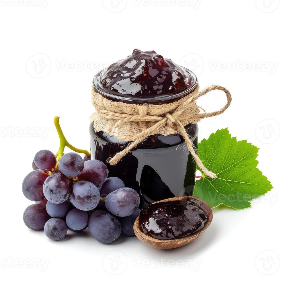 AI generated Delicious grape jam marmalade jelly preserves in a glass jar, accompanied by fresh grapes, displayed on a clean white backdrop, Ai Generated. photo