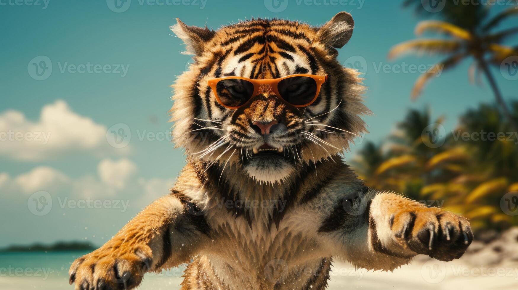 AI generated Experience the intensity of an tiger leaping onto the beach in a stunning close-up photo, Ai Generated. photo