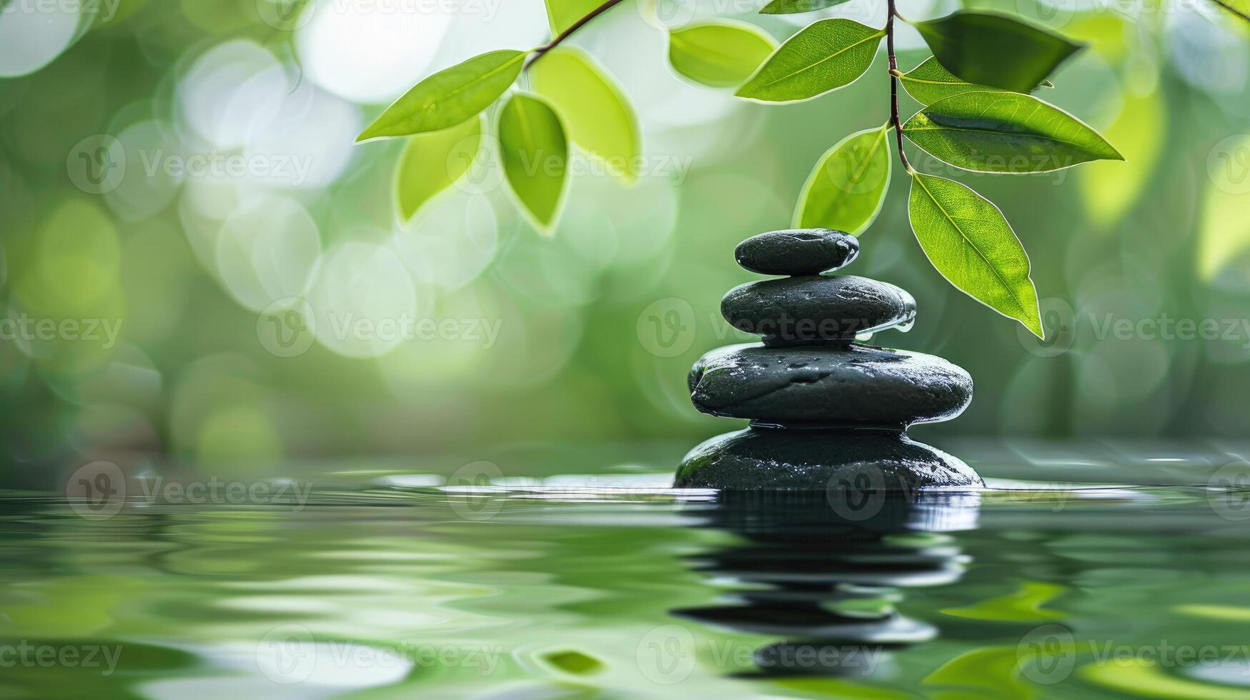 AI generated Zen stones form a serene pyramid on water, a symbol of balance and tranquility in nature's embrace. Ai Generated photo