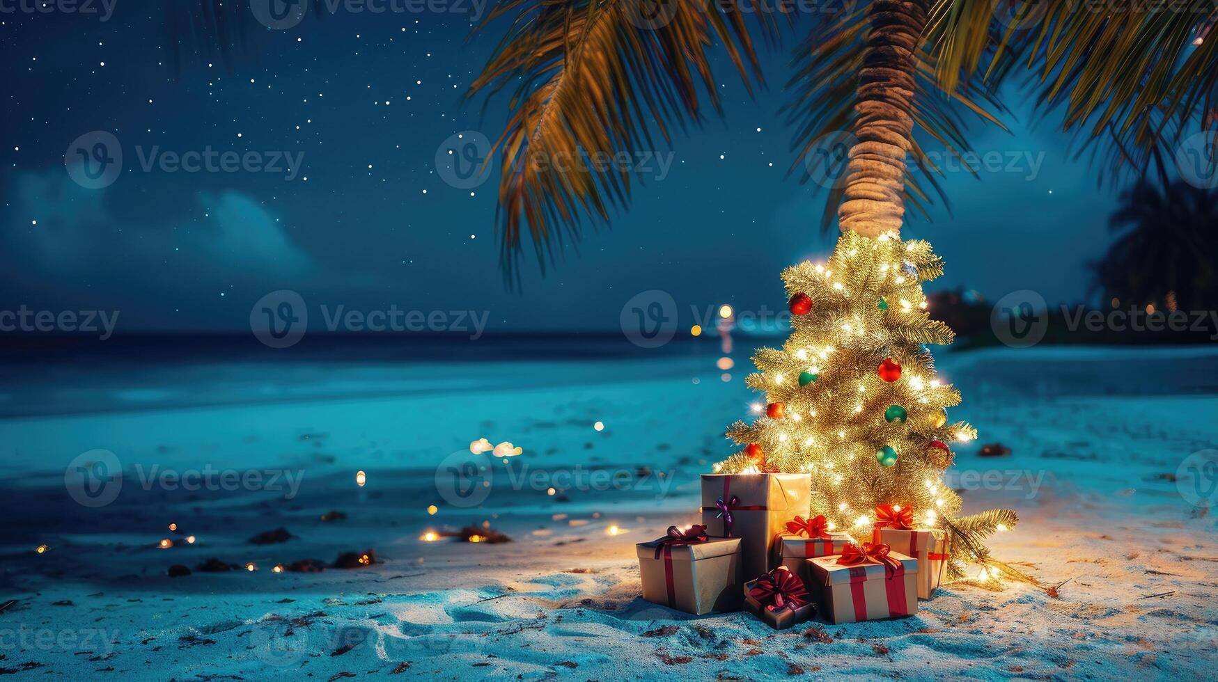 ai generado un palma árbol adornado con Navidad decoraciones soportes en un exótico playa a noche, ai generado foto