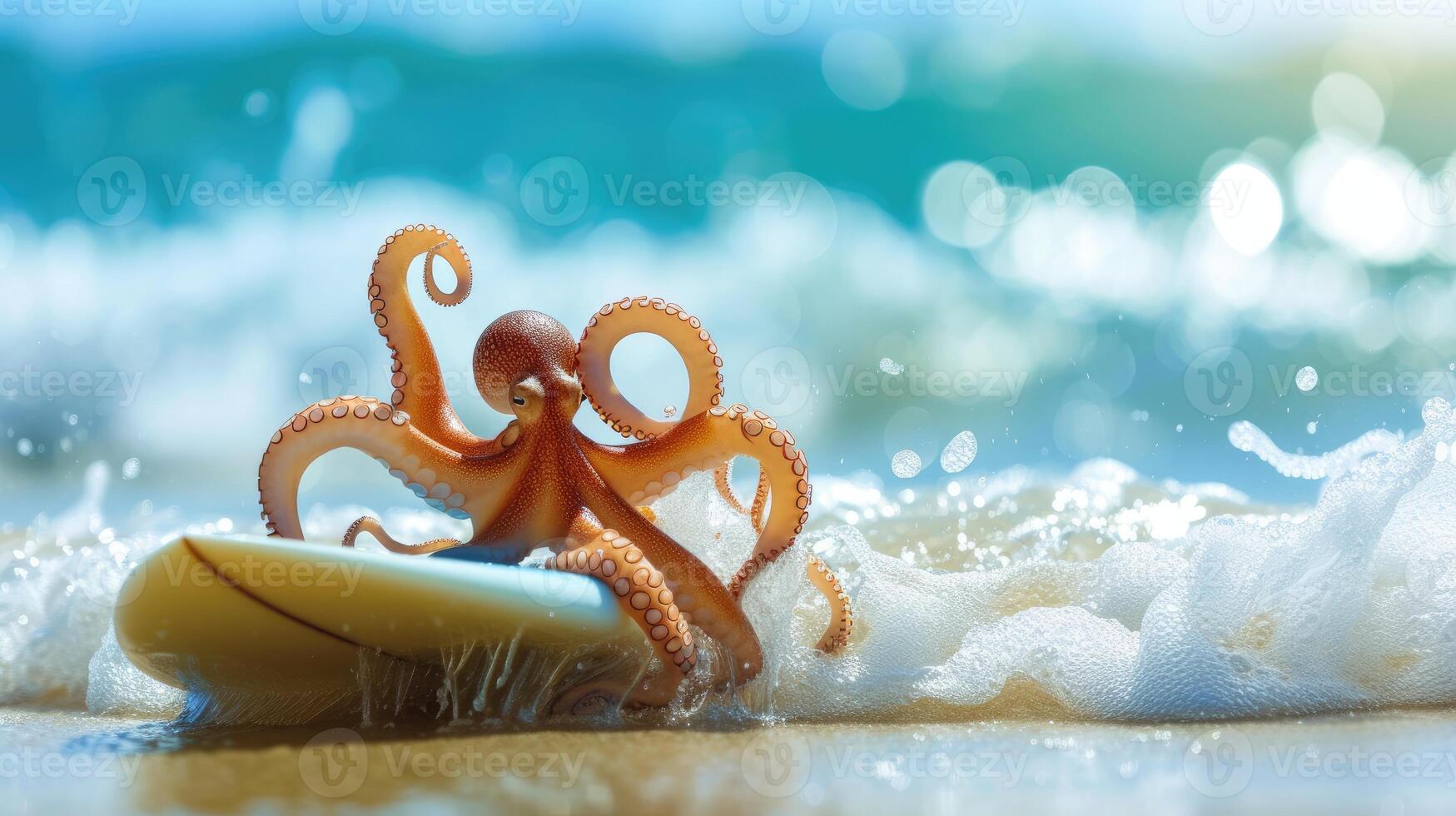 AI generated A cute octopus surfer enjoys a fun-filled summer day at the beach, riding waves with enthusiasm, Ai Generated. photo