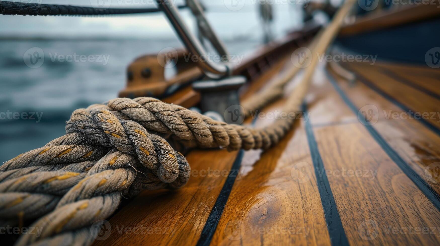ai generado cerca arriba de cuerda en de madera barco vitrinas náutico detalles con rústico encanto. ai generado. foto