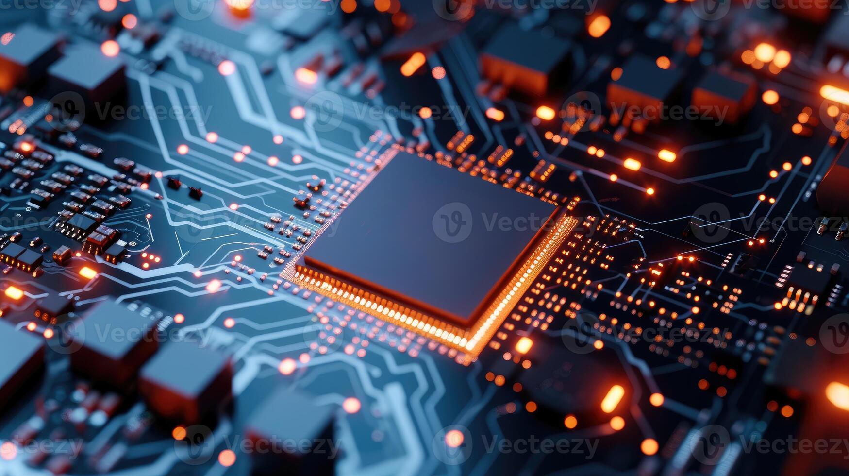 AI generated High-tech electronic circuit board with powerful processor, Ai Generated. photo
