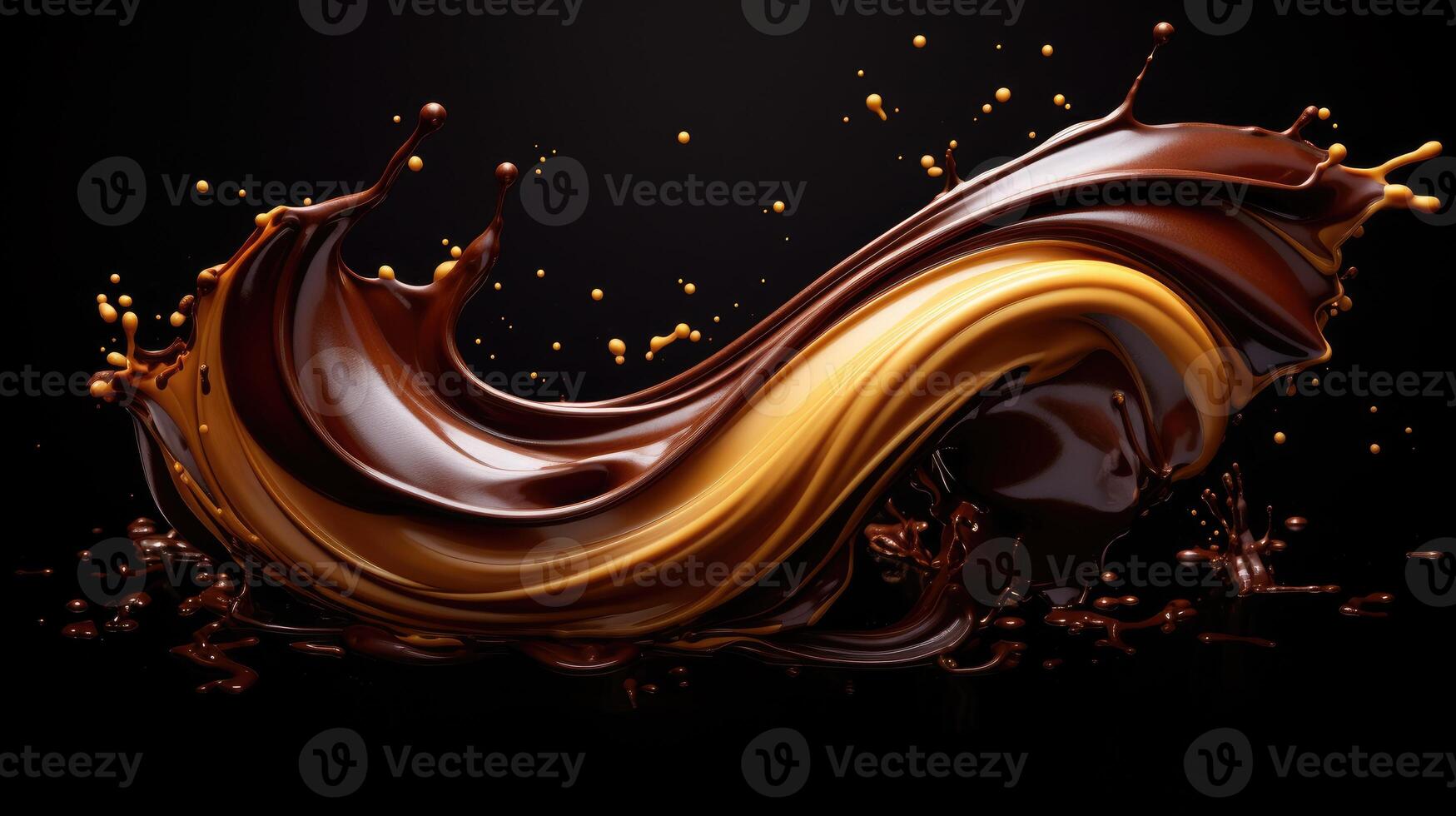 ai generado lujoso Derretido chocolate remolino con dinámica salpicaduras crea un delicioso visual obra maestra. ai generado. foto