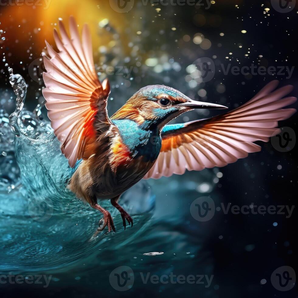 AI generated Small bird dives into blue-green water, chasing a fish with a splash, Ai Generated. photo