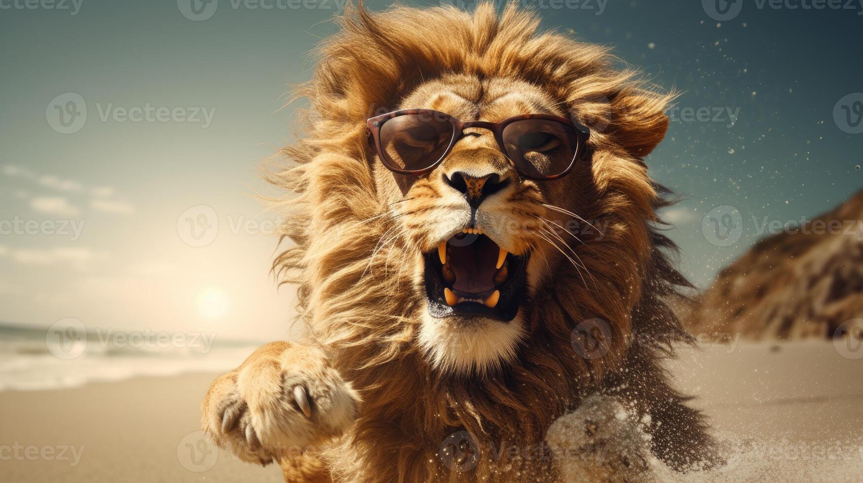 AI generated Experience the intensity of an lion leaping onto the beach in a stunning close-up photo, Ai Generated. photo