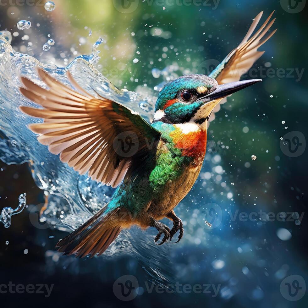 AI generated Small bird dives into blue-green water, chasing a fish with a splash, Ai Generated. photo
